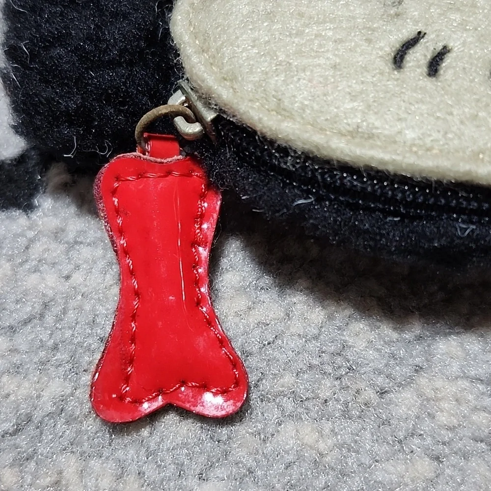 VINTAGE SHERPA DOG RED FAUX-LEATHER DOG BONE ZIP-CHARM COIN POUCH KEYCHAIN